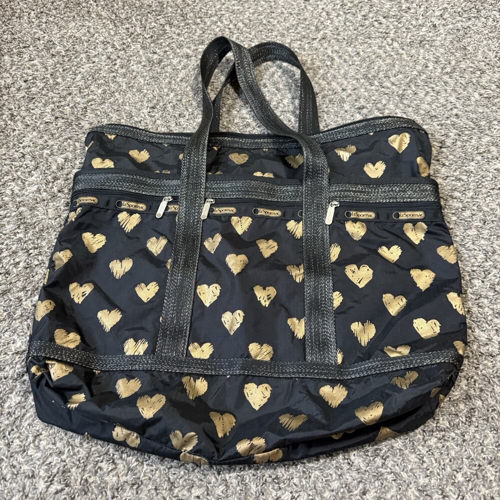 LeSportSac Large Weekend Tote Bag Black with Gold Hearts - Picture 7 of 7